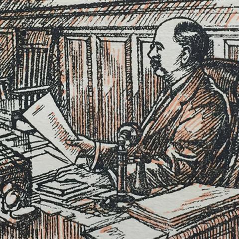 Stylized sketch of Samuel Palmer Brooks reading at a desk