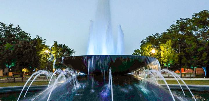 The Rosenbalm Fountain lit teal for sexual assault awareness month. 