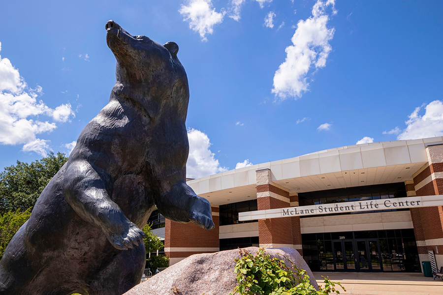 Bear statue in front of McLane Student Life Center (SLC)